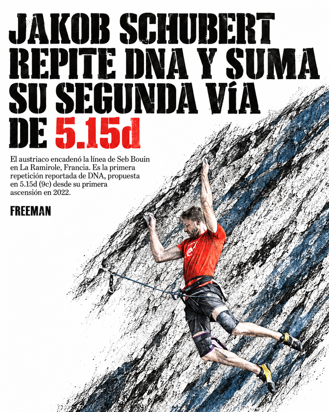 Diseño editorial con el titular Jakob Schubert repite DNA y suma su segunda vía de 5.15d, junto a una ilustración de un escalador en una pared.